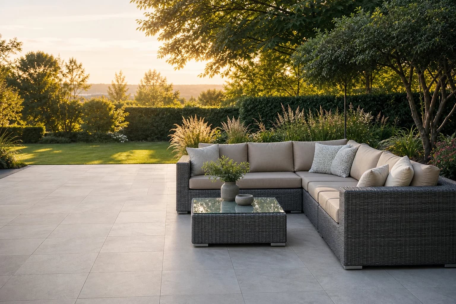 Rattan corner lounge set on a sunlit garden terrace
