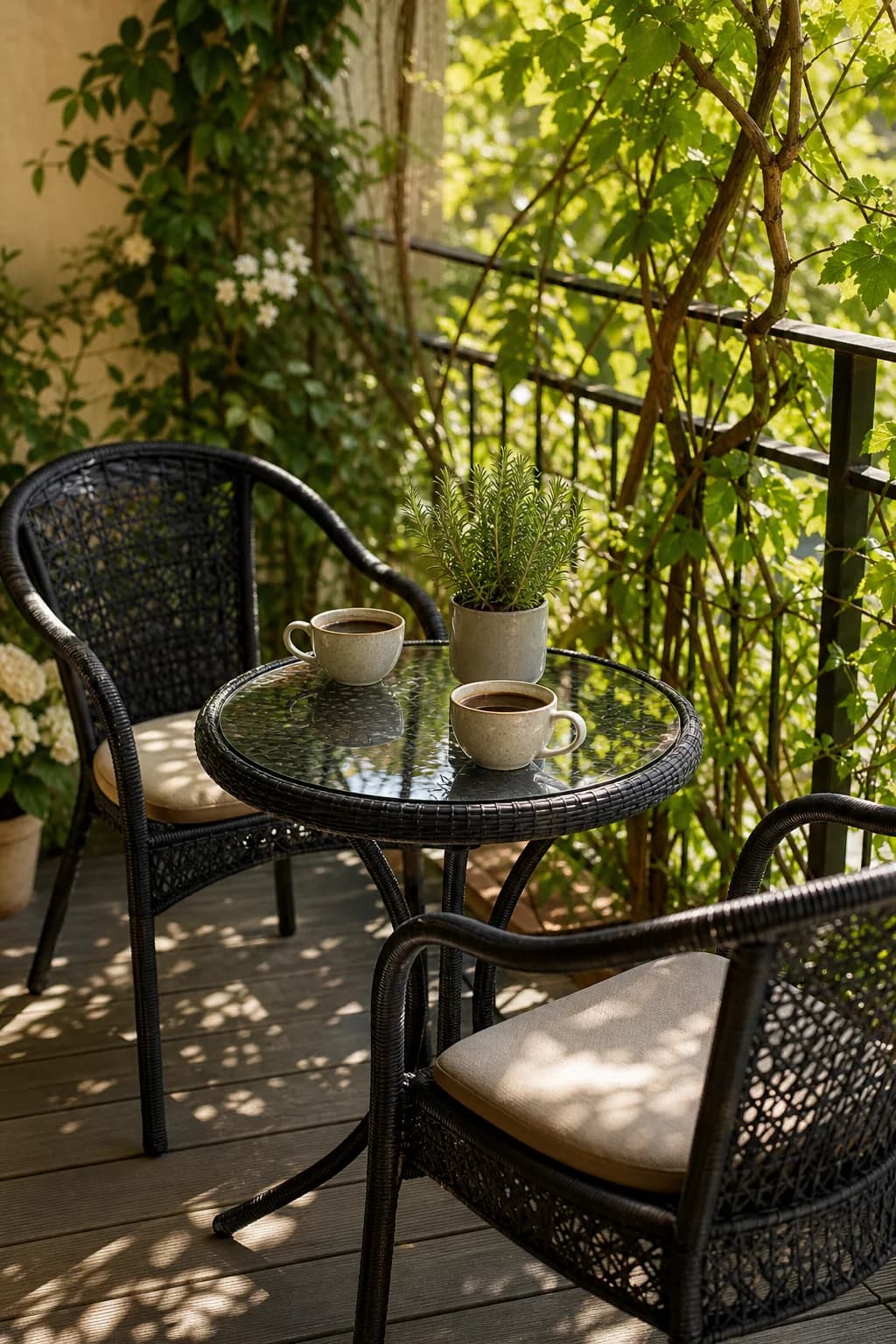 Bistro set with coffee on a sunny balcony